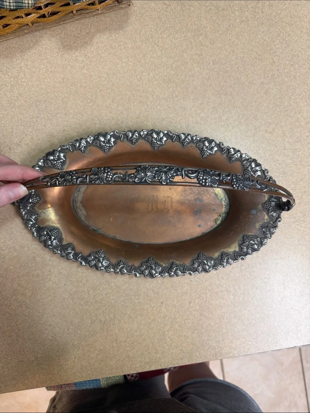 Sheffield Ornate Copper-Tone Grape Motif Handled Serving Basket